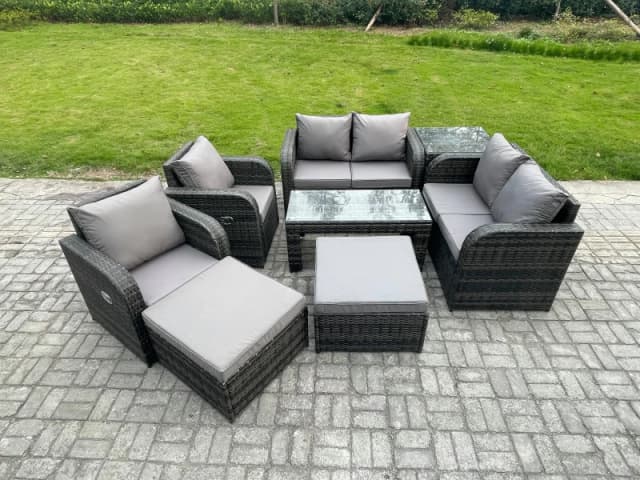 Fimous 8 PCS Garden Furniture set Rattan Outdoor Lounge Sofa Table Chair With Tempered Glass Table Dark Grey Mixed Dark Grey