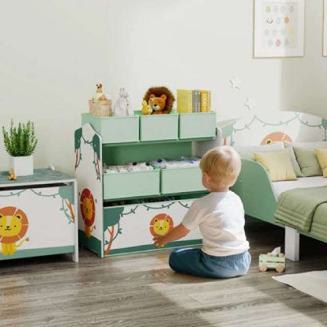 AIYAPLAY 3-Tier Kids Storage Shelf with 6 Removable Fabric Boxes, Green 311-100V80GN
