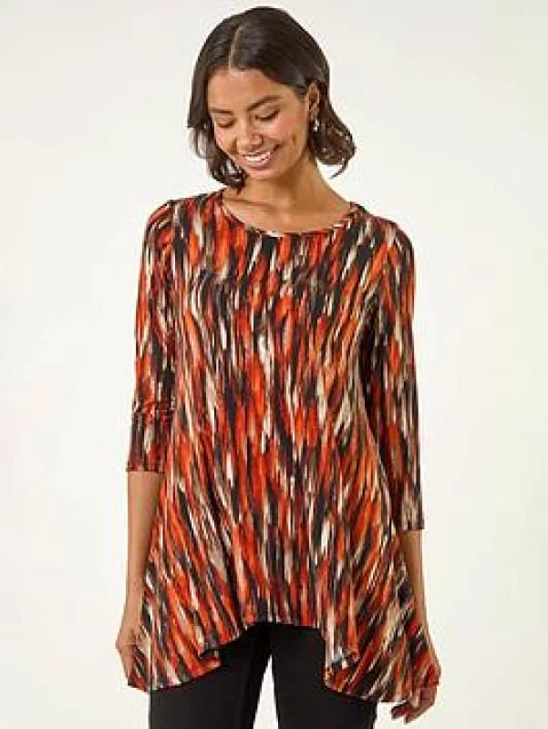 Roman Womens Abstract Print Hanky Hem Stretch Top in Orange Size: 18 Orange Female 18
