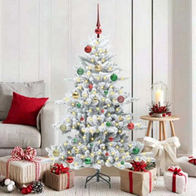 vidaXL Artificial Hinged Christmas Tree with 150 LEDs, Multicolour Balls Snow Flocked 150cm PVC, Green 3397713