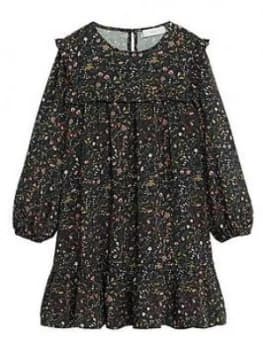 Mango Girls Frill Neck Floral Long Sleeve Dress - Black