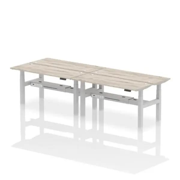 Air Air Back-to-Back 1600 x 600mm Height Adjustable 4 Person Bench Desk Grey Oak Top with Cable Ports Silver Frame HASCP4P16600GRYS
