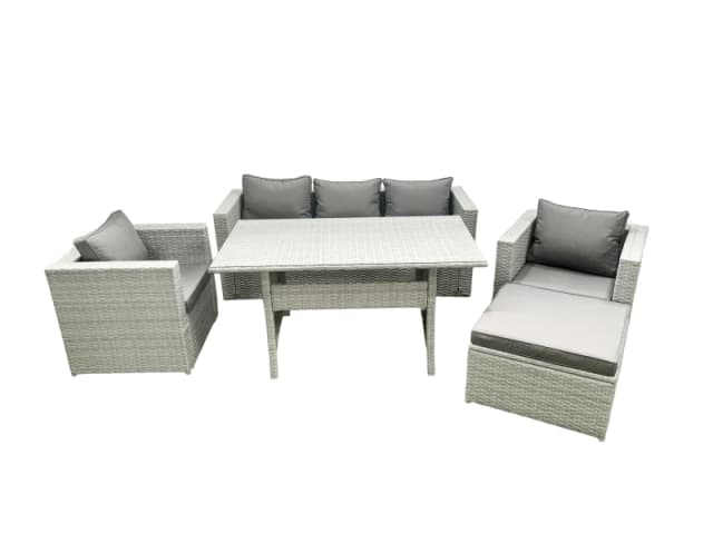 Fimous Garden Dining Set Outdoor Rattan Furniture Set with Sofa Dining Table 2 Chairs Big Footstool Light Grey Mixed Light Grey