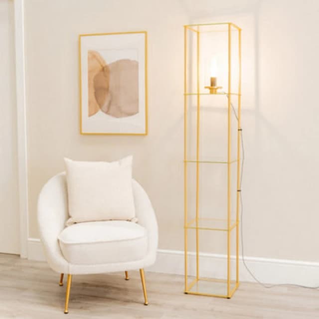 ValueLights Gobie Metal Frame with Glass Storage Shelf Floor Lamp Gold