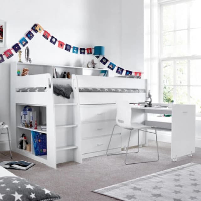 Bedmaster Erin White Mid Sleeper Bed With Desk And Spring Mattress