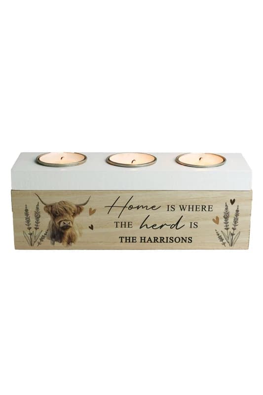 Personalised Memento Company Personalised Highland Cow Triple Tea Light Box Light Brown