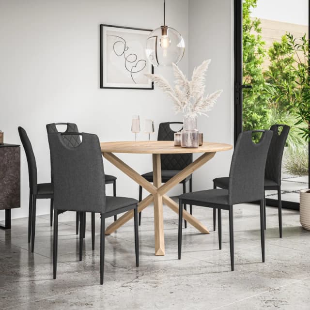 More4Homes Malvern Round Dining Table And Chairs - Oak Table Top W Solid Oak Legs + Monza Fabric Dining Chair Set Of 6 (Charcoal)