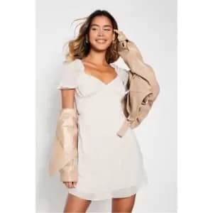 I Saw It First Dobby Mesh Short Puff Sleeve Skater Dress - Brown