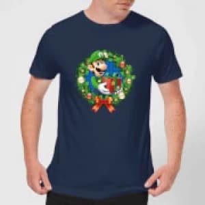 Nintendo Super Mario Luigi Christmas Present Wreath Navy T-Shirt - L - Navy