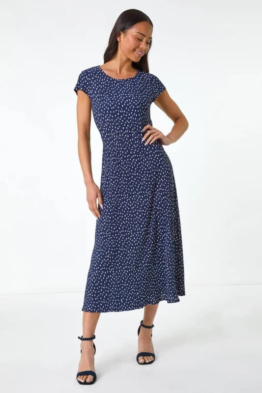 Roman Womens Petite Spot Print Crinkle Midi Dress in Navy Size: 14 Navy Female 14