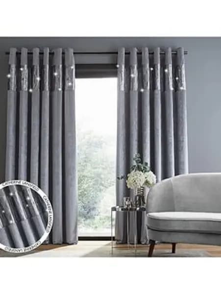 Catherine Lansfield Crushed Velvet Glamour Sequin Fully Lined Eyelet Curtains In Grey Grey TG9WC Unisex 229x229cm(90x90inches)