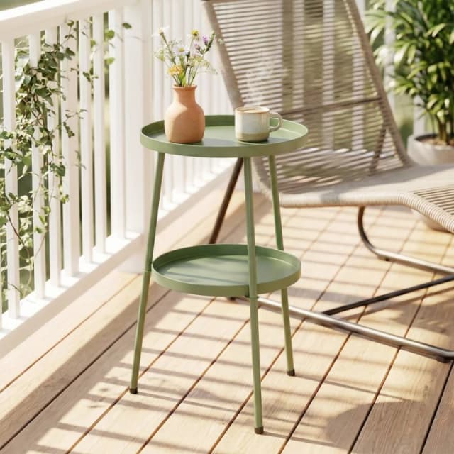 OUTSUNNY Patio Side Table, 2-Tier Round Coffee End Table in Light Green Light Green Unisex