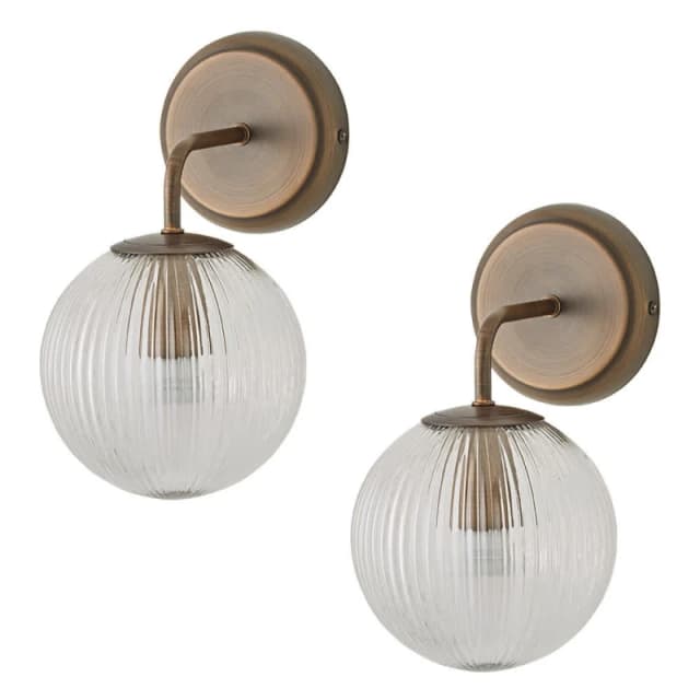 ValueLights ValueLights Kempton Pair of Ribbed Glass Globe Shade Single Arm Wall Lights in Bronze Bronze One Size Unisex 5059406068355