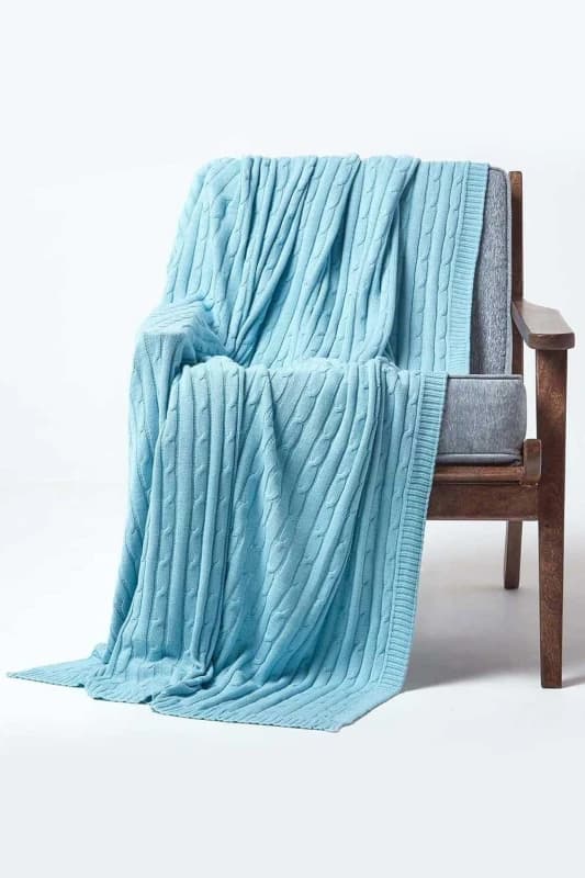 Homescapes Cotton Cable Knit Pastel Blue Throw, 150 X 200 Cm