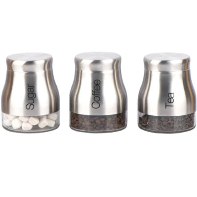 Gr8 Home Set Of 3 Silver Storage Canisters Tea Coffee Sugar Jars Pots Food Containers