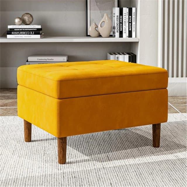 Cottonfy UK Rectangular Velvet Ottoman with Checkered Design - Yellow Yellow M