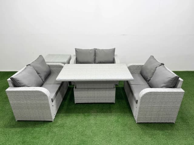 Fimous 6 Seater PE Wicker Rattan Furniture Sofa Sets with Adjustable Lifting Dining or Coffee Table 2 Seater Love Sofa Side Table Light Grey Light Gre