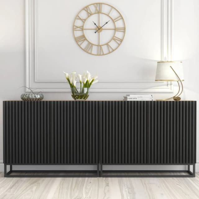 Creative Furniture Ripple Duo Sideboard 200cm - Oak & Black Fluted Doors in Dark Brown Dark Brown Unisex