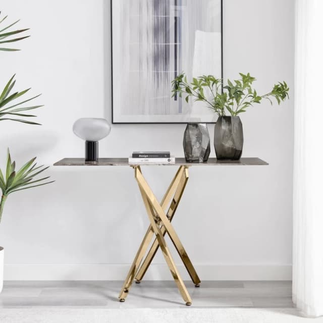 FurnitureboxUK Leonardo Rectangular Marble Effect Glass Top Console Table With Gold Metal Starburst Legs in Grey Grey Unisex