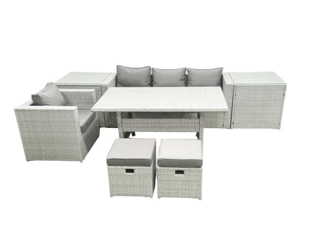 Fimous Rattan Garden Furniture Dining Set 6 Seater Lounge Sofa Chair Dining Table Set with 2 Small Footstools 2 Side Tables Light Grey Mixed Light Gre