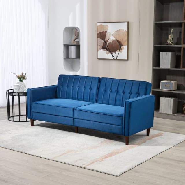 HOMCOM Sofa Futon Velvet Touch Tufted Couch Compact Loveseat Sleeper Sofa Bed Blue