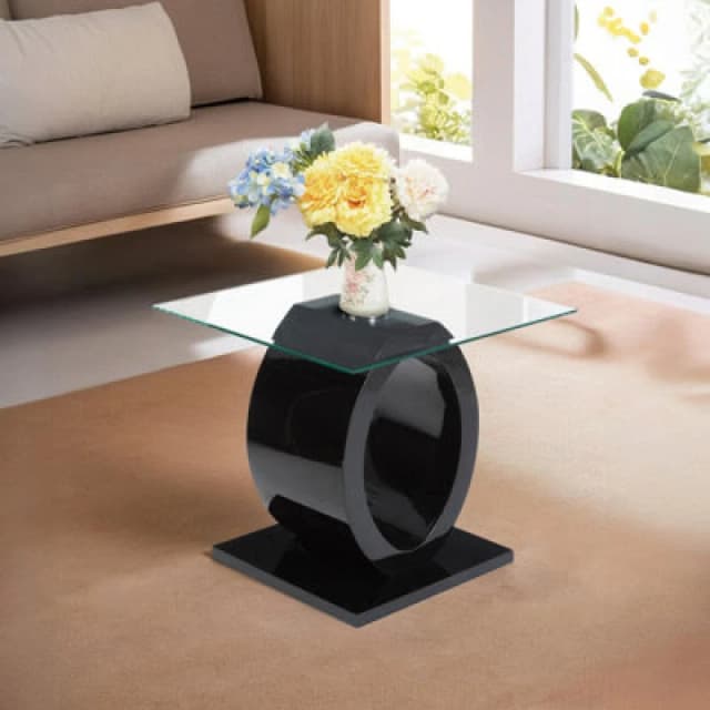 Premier Housewares Interiors by Premier Modern O Shaped Wooden Side Table, Glass Top Wood Side Table, Black Bedside Table, Tempered Glass Side Table B