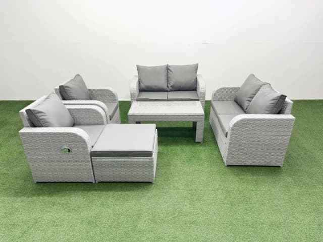 Fimous 7 Seater Outdoor Reclining Chair Love Sofa Set Rattan Garden Furniture Set with Oblong Coffee Table Footstool Light Grey Light Grey