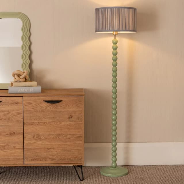 ValueLights Bobbins Sage Green Floor Lamp with Ruched Pleated Drum Lamp Shade Baby Blue
