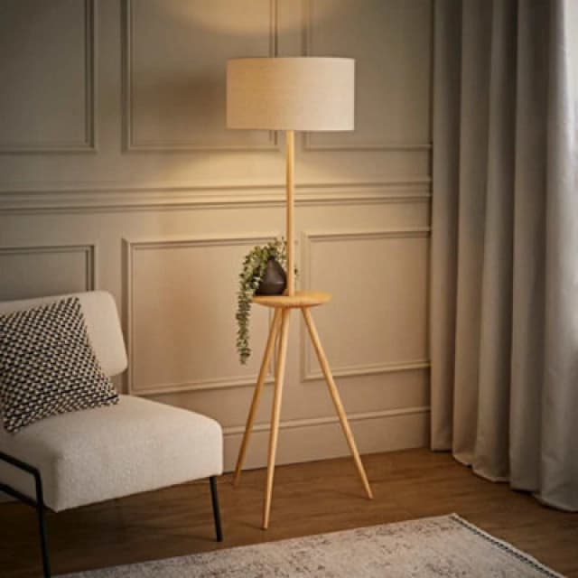 ValueLights ValueLights Desmond Side Table Tripod Floor Lamp with Natural Linen Lamp Shade Natural One Size Unisex 5016529273462