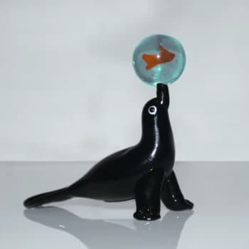 Objets d'Art Miniature Glass Ornament - Sea Lion with Fish