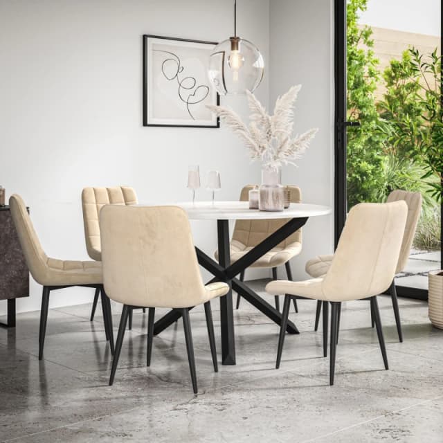 More4Homes Malvern Round Dining Table And Chairs - Marble Table Top W Solid Black Oak Legs + Nova Velvet Dining Chair Set Of 6 (Beige)