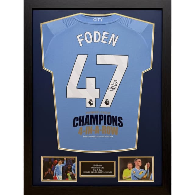 AllStarSignings Ltd Phil Foden signed Manchester City 4 in a row shirt Blue unisex One Size