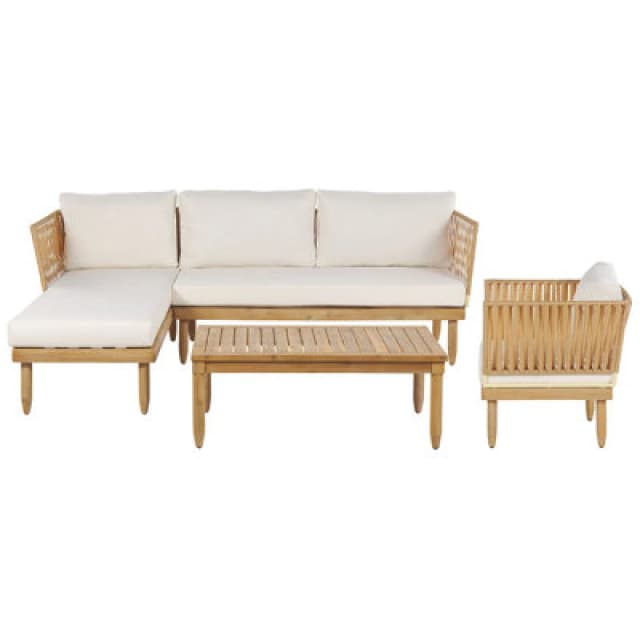 Beliani Garden Lounge Set With Table 4 Seater Cremona Right Hand Acacia Wood Off-White
