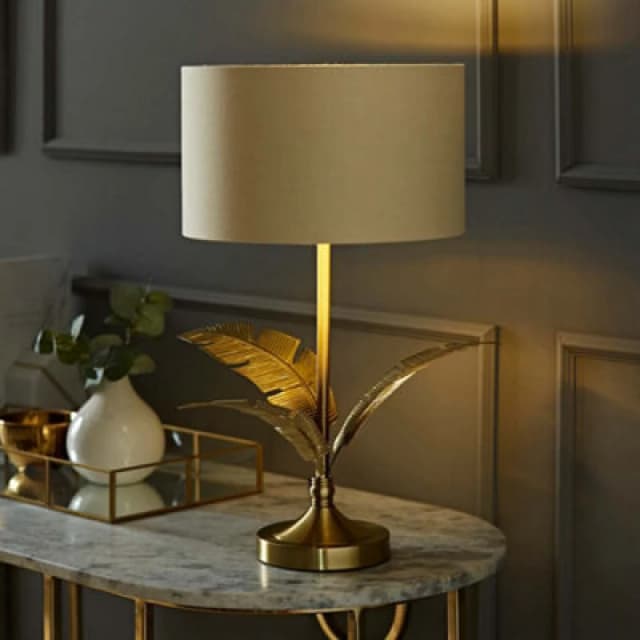 ValueLights ValueLights Christina Fabric with Metallic Gold Inner Drum Shade Gold Palm Leaf Table Lamp in Natural Natural One Size Unisex 505940606535