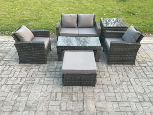 Fimous 5 Seater Outdoor Rattan Garden Furniture Set Patio Lounge Sofa Set with Coffee Table Big Footstool Side Table in Dark Grey Dark Grey Unisex