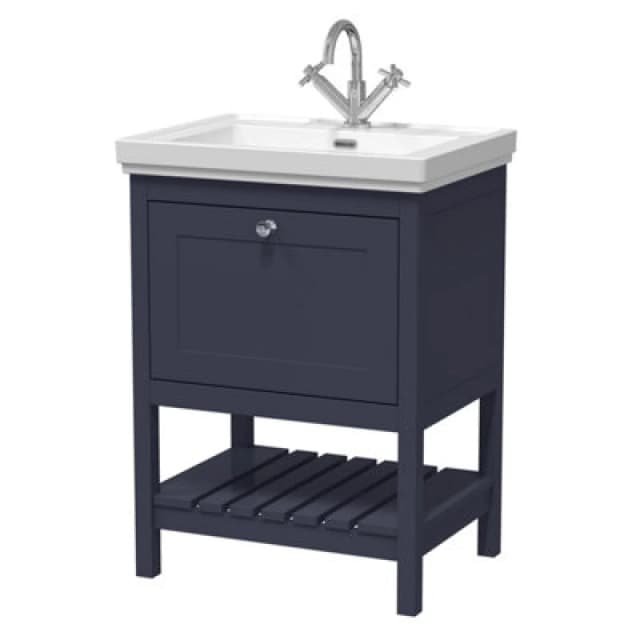 Nuie Old London Bexley Floor Standing 1 Drawer Vanity & 1 Tap Hole Fireclay Basin, Stylish Vanity Unit With Basin, Indigo Blue, 600mm