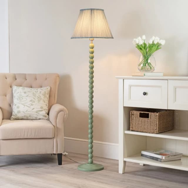 ValueLights Bobbins Sage Green Floor Lamp with Tapered Fabric Pleated Shade Blue