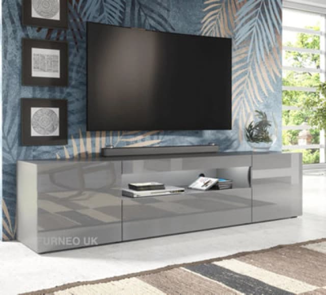 Furneo 200Cm Long TV Stand Unit Cabinet Matt & High Gloss Grey Clifton 08G White LED Lights