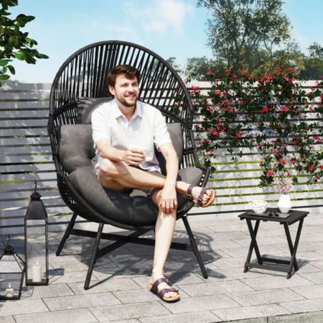 Outsunny Standing Rattan Garden Egg Chair with Headrest - Charcoal Grey TJ Hughes 5063603243545