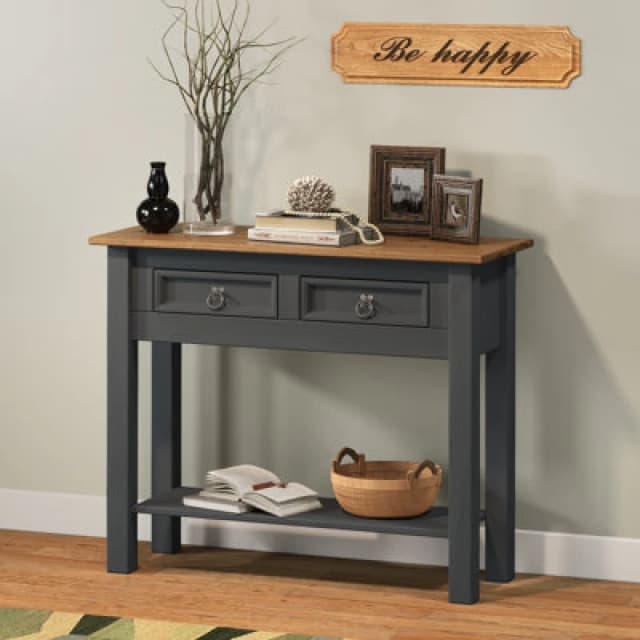 Mercers Furniture Corona Charcoal 2 Drawer Console Table 1 Shelf Hallway Side Unit Solid Pine With Mexican Styling, Grey CHARC104