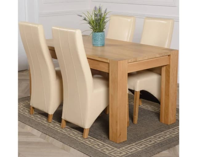 Thats Furniture Kuba 150 x 85cm Chunky Medium Oak Dining Table & 4 Lola Leather Chairs in Cream Cream Unisex 150 x 85 cm