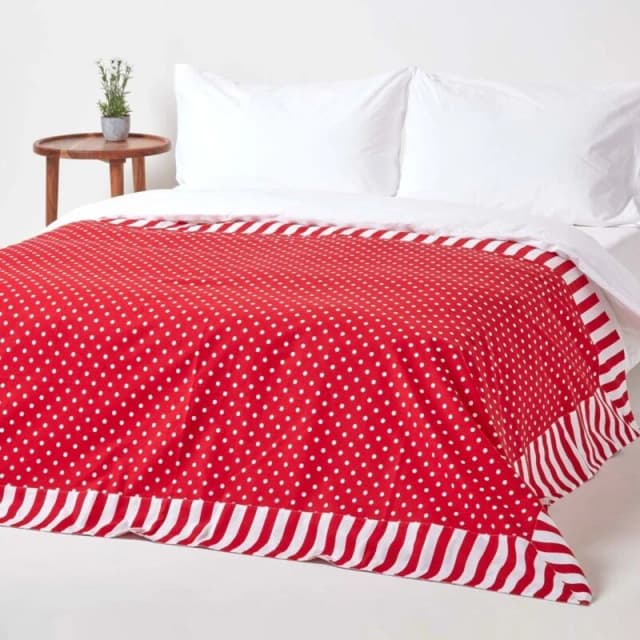 Homescapes Cotton Polka Dots and Stripes Sofa Throw Red