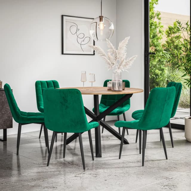 More4Homes Malvern Round Dining Table And Chairs - Oak Table Top W Solid Black Oak Legs + Nova Velvet Dining Chair Set Of 6 (Green)