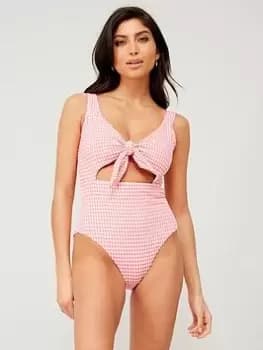 PIECES Pieces Gingham Tie Front Swimsuit - Pink, Size XL, Women