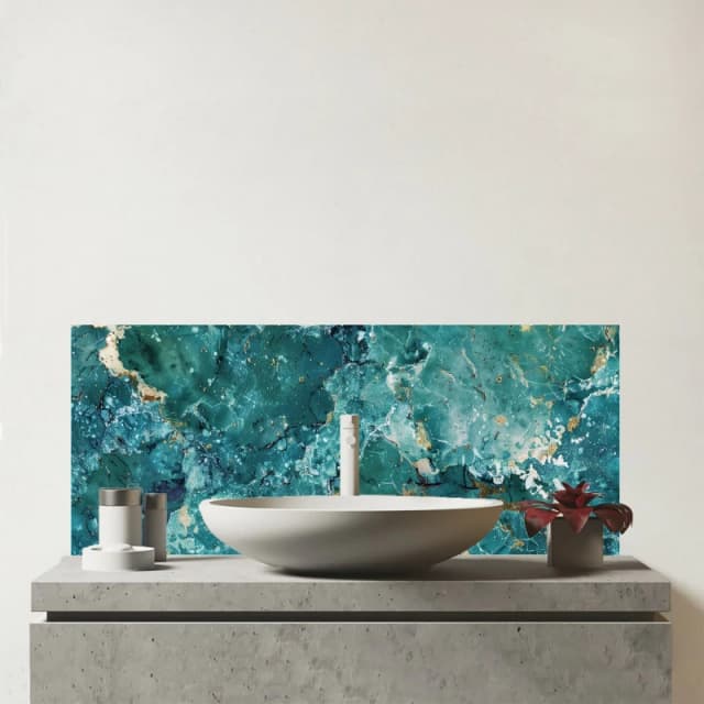 Warren Reed - Designer Bright Teal Quartz Effect Glass Bathroom Splashback Teal Unisex