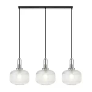 Luminosa Linear 3 Light Pendant E27, Polished Nickel, Matt Black With 30cm Round Ribbed Clear Glass