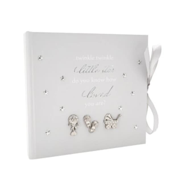Happy Homewares Baby Keepsake Photo Album With Silver Plated Rattle Pram And Booties