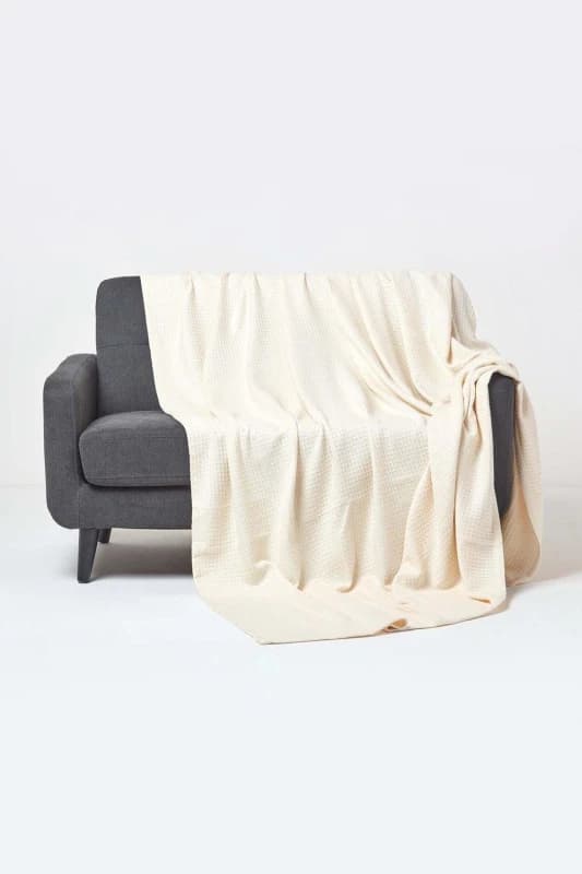 Homescapes Organic Cotton Waffle Blanket/ Throw Natural, 250 X 230 Cm