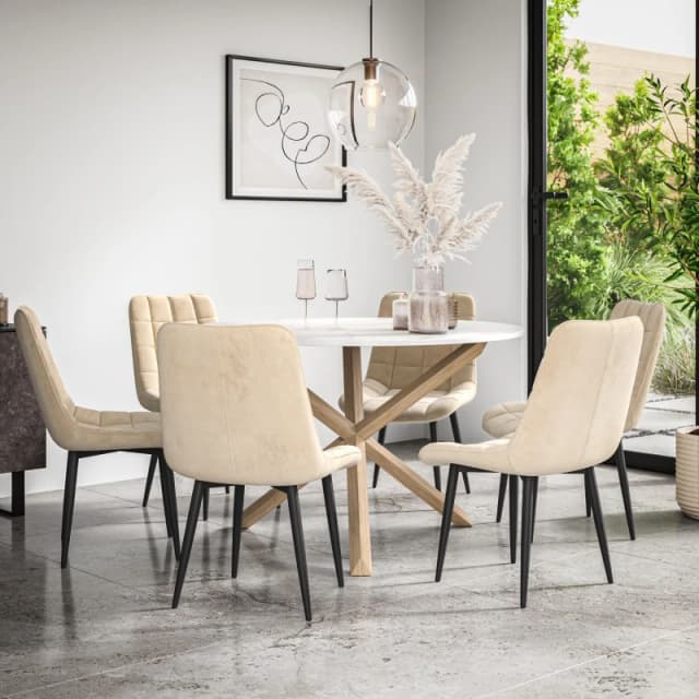 More4Homes Malvern Round Dining Table And Chairs - Marble Table Top W Solid Oak Legs + Nova Velvet Dining Chair Set Of 6 (Beige)