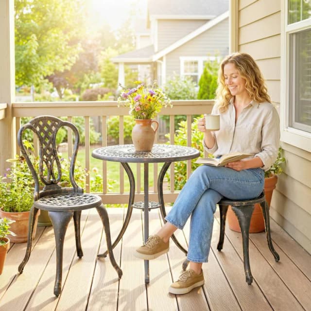 OUTSUNNY Outdoor Bistro Set Cast Aluminium Patio Furniture for 2, Brown in Bronze Bronze Unisex